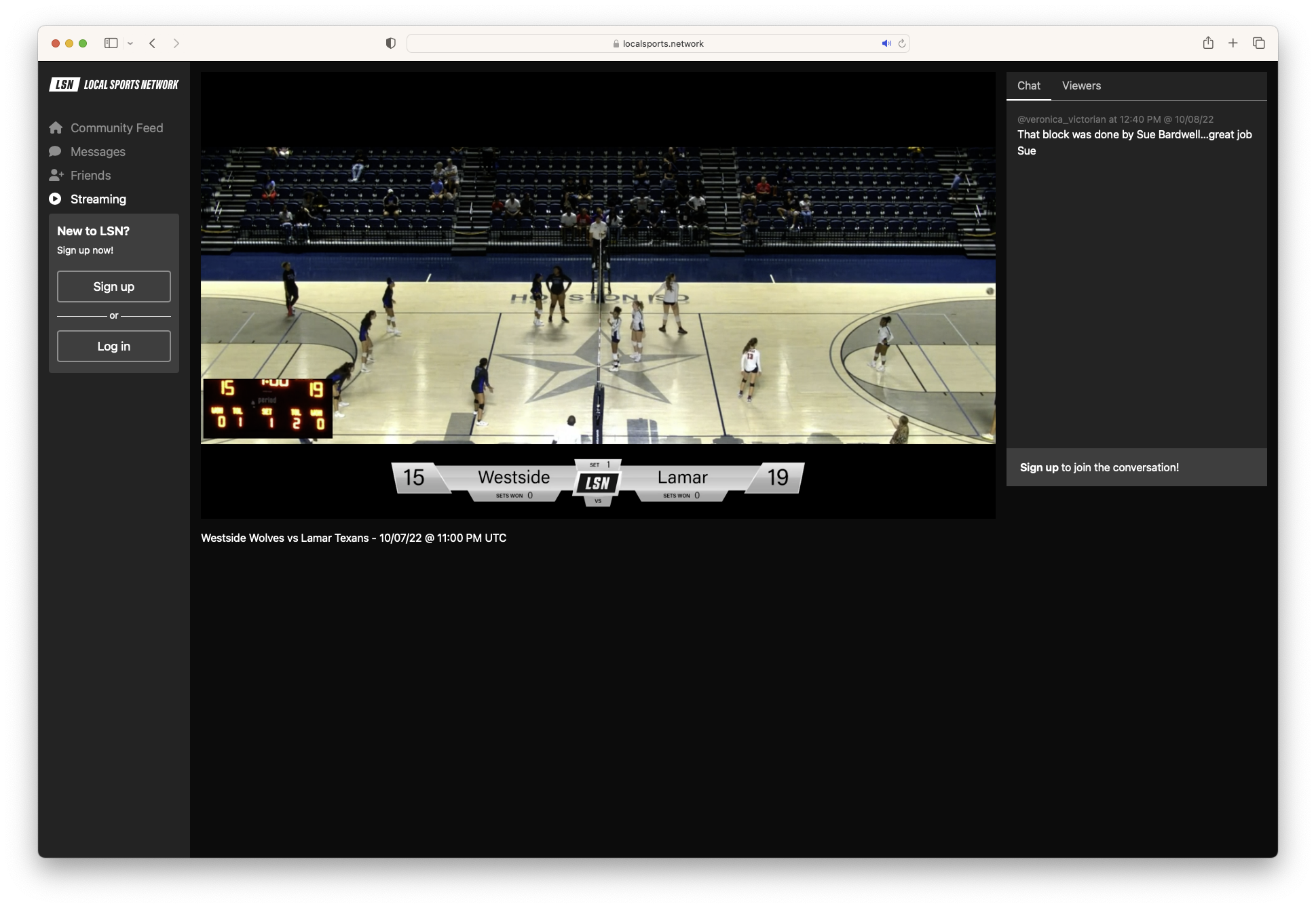 A view of the LSN streaming game page showing the chat pane